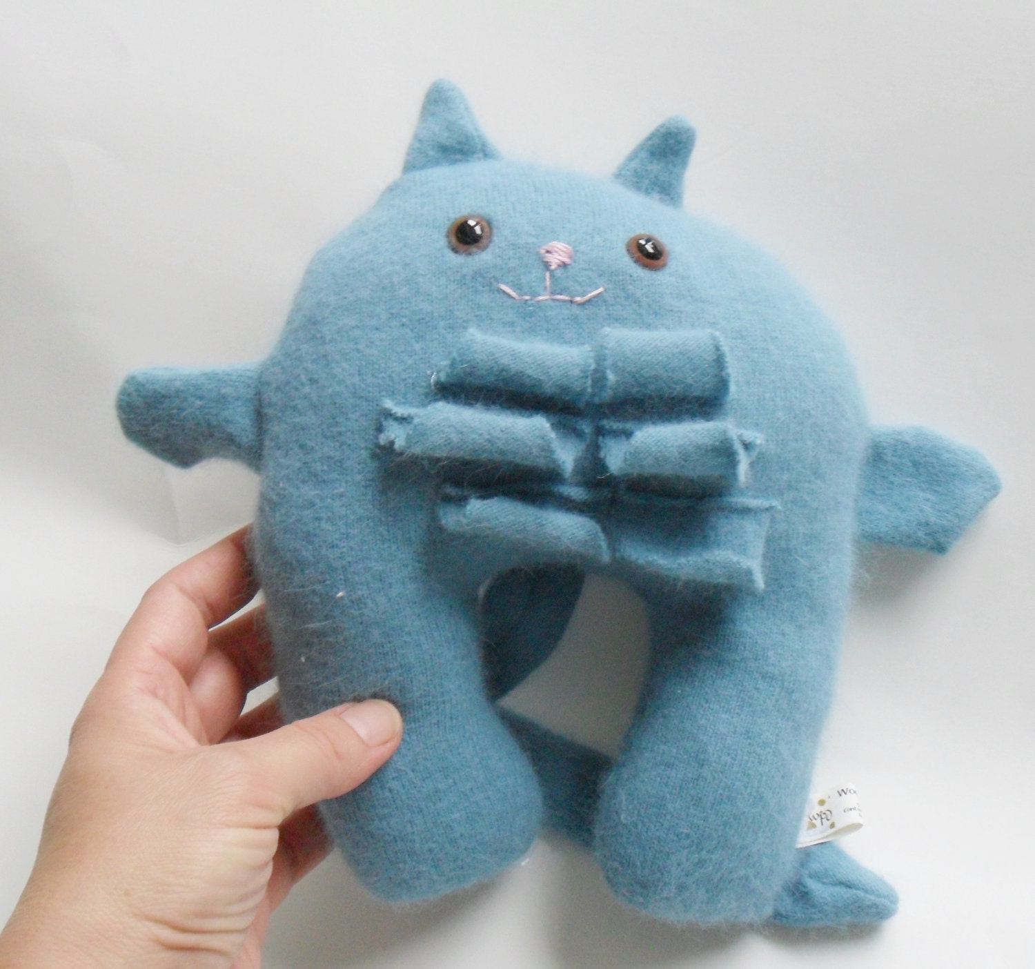 Ready to Ship - Upcycled Plush Stuffed Animal Cat Blue Ruffles Toy