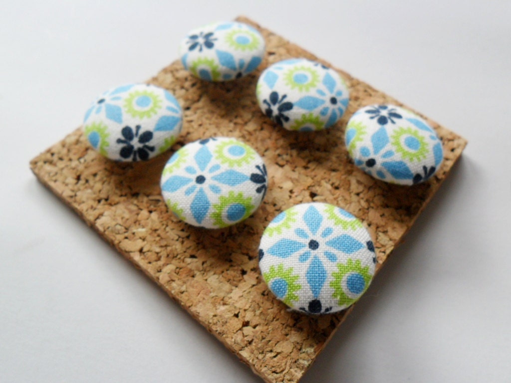 Ready to Ship - Blue Green Modern Print Decorative Fabric Covered Push Pin Thumbtack Set