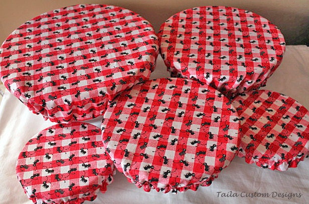 Picnic Food Bowl Reusable Covers Elastic Lids Red White Checker Gingham Ant Fabric (Set of 5)