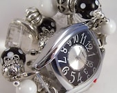 Connie Black.. Black and White Polka-Dot Chunky Interchangeable Beaded Watch Band