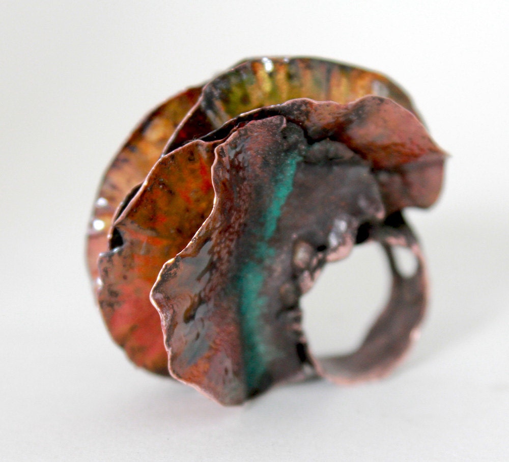 Ring, Fold Form Copper and Enamel Dangerous Vagina