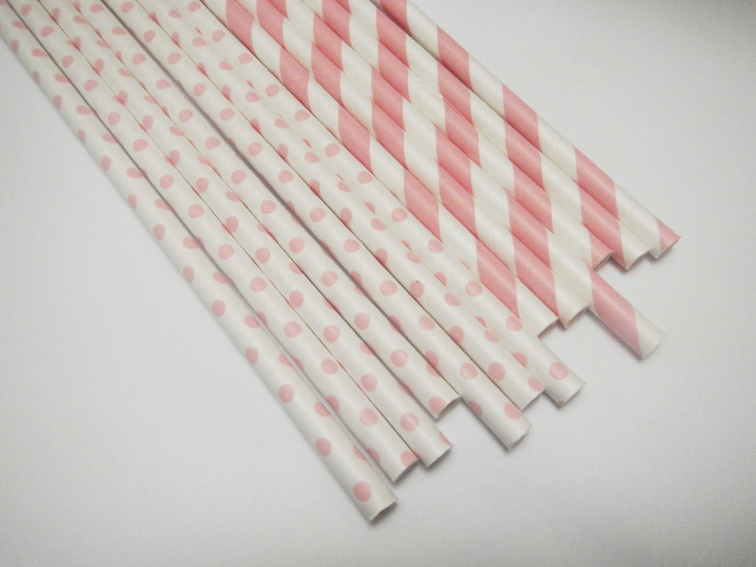 NEW 60 Baby Pink Stripe & Polka Dot Paper Straws - Parties, weddings, graduations FREE DIY Flags