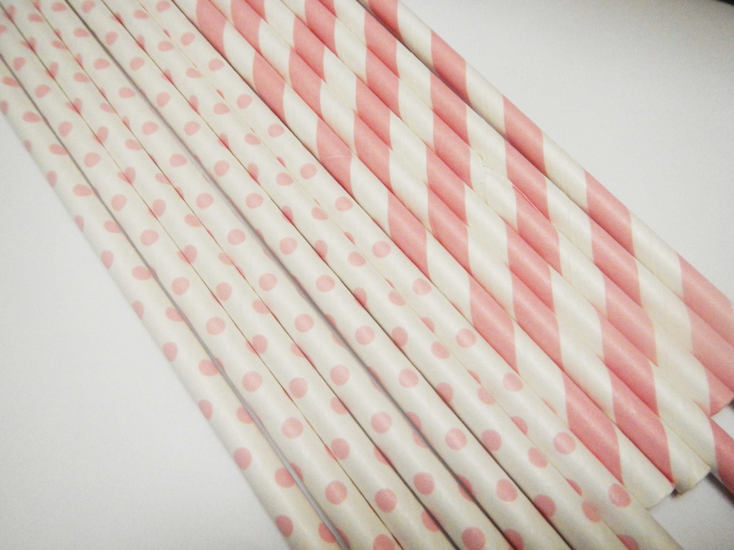 NEW 60 Baby Pink Stripe & Polka Dot Paper Straws - Parties, weddings, graduations FREE DIY Flags