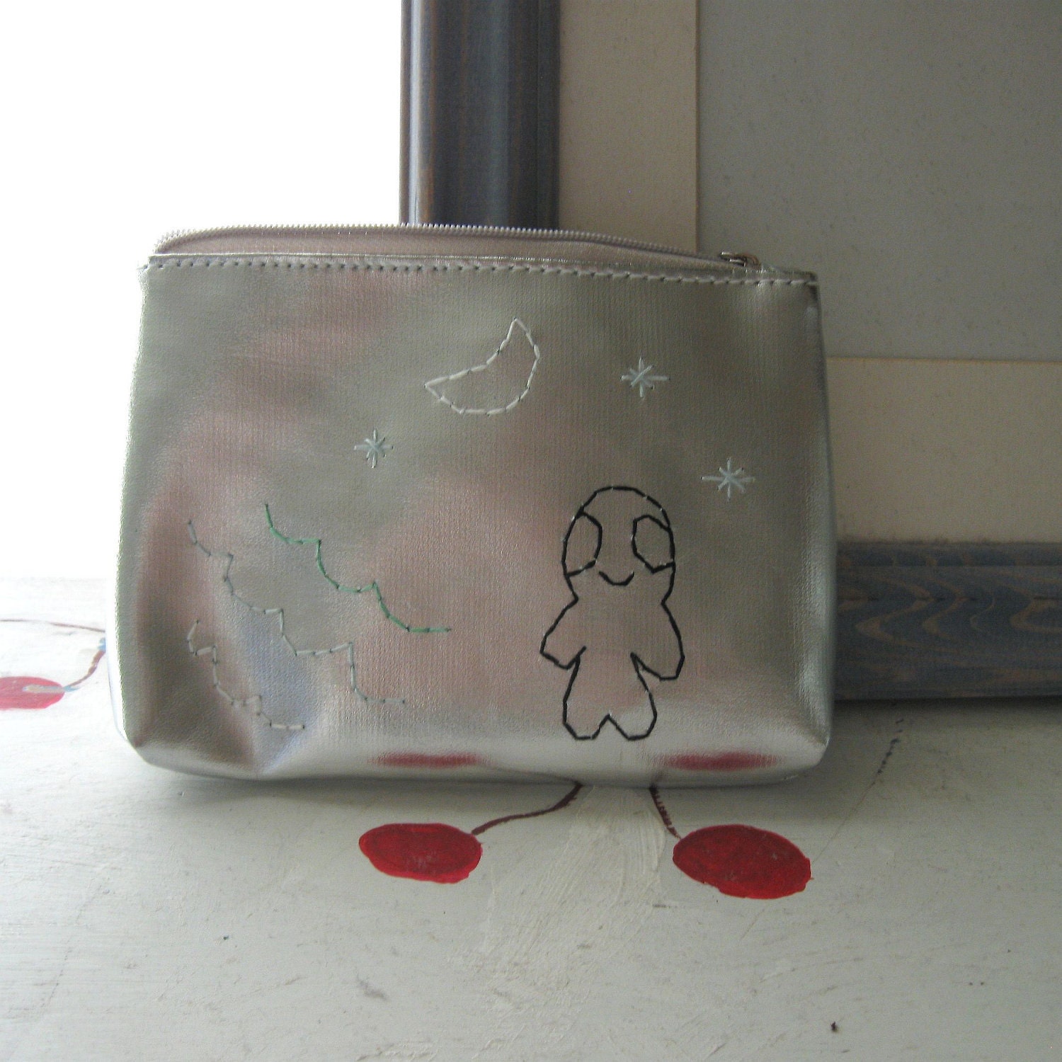 ZIPPER POUCH SILVER Embroidered  Make Up Bag Geekery Sci Fi "Alien Monster Boy Hangs Out Among the Stars"