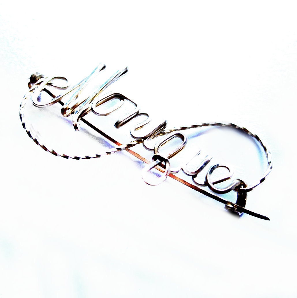 Handmade MONIQUE Brooch, Gold Wire Name Pin