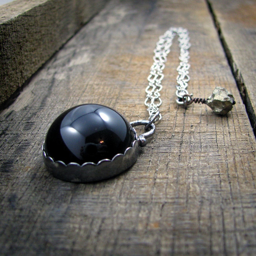 Sterling Silver Necklace - High Dome Black Onyx and Pyrite - MADE TO ORDER