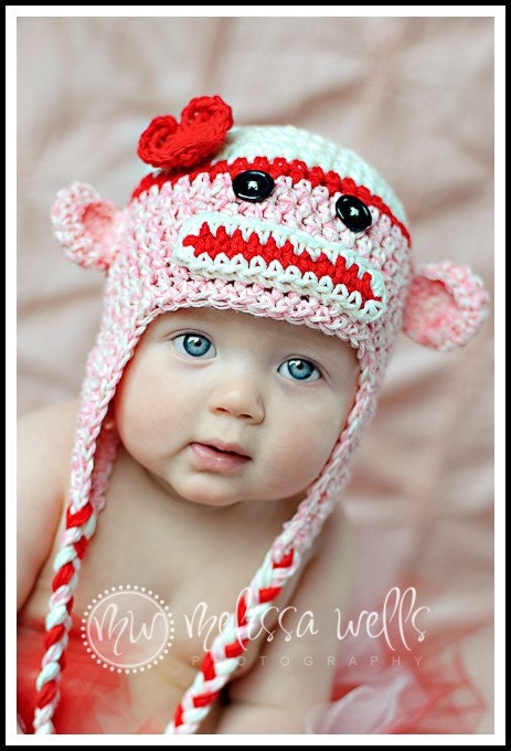 Custom Crochet Sock Monkey Earflap Beanie Baby Hat