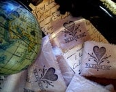 P.S. I Love You - Old World - Tea Dyed Hand Stamped Ribbon Trim - Parisian Style Distressed Manilla Gift Tag
