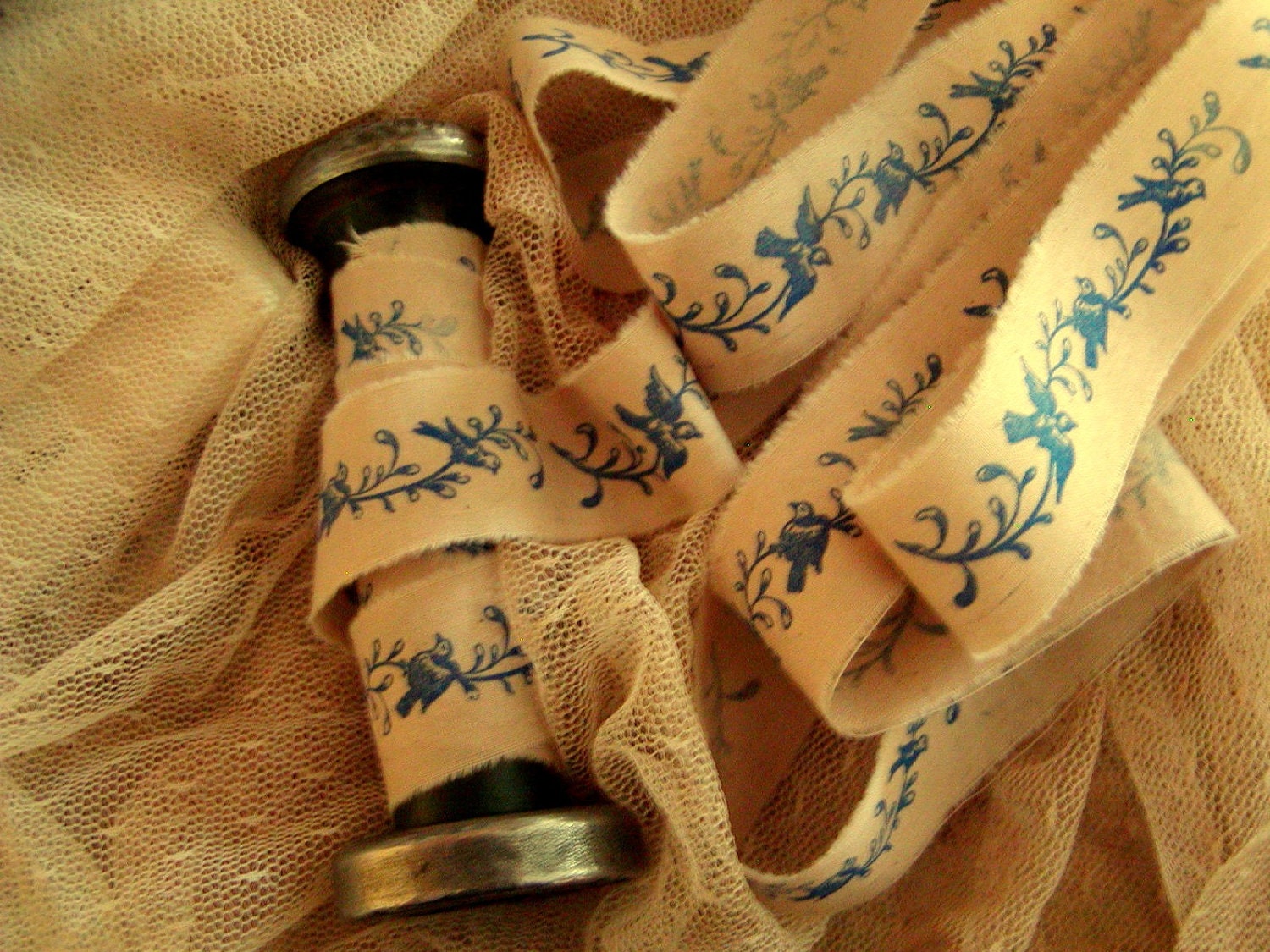 Blue Birds on a Trailing Vine - Hand Stamped in Royal Blue - 2 yards (0336)
