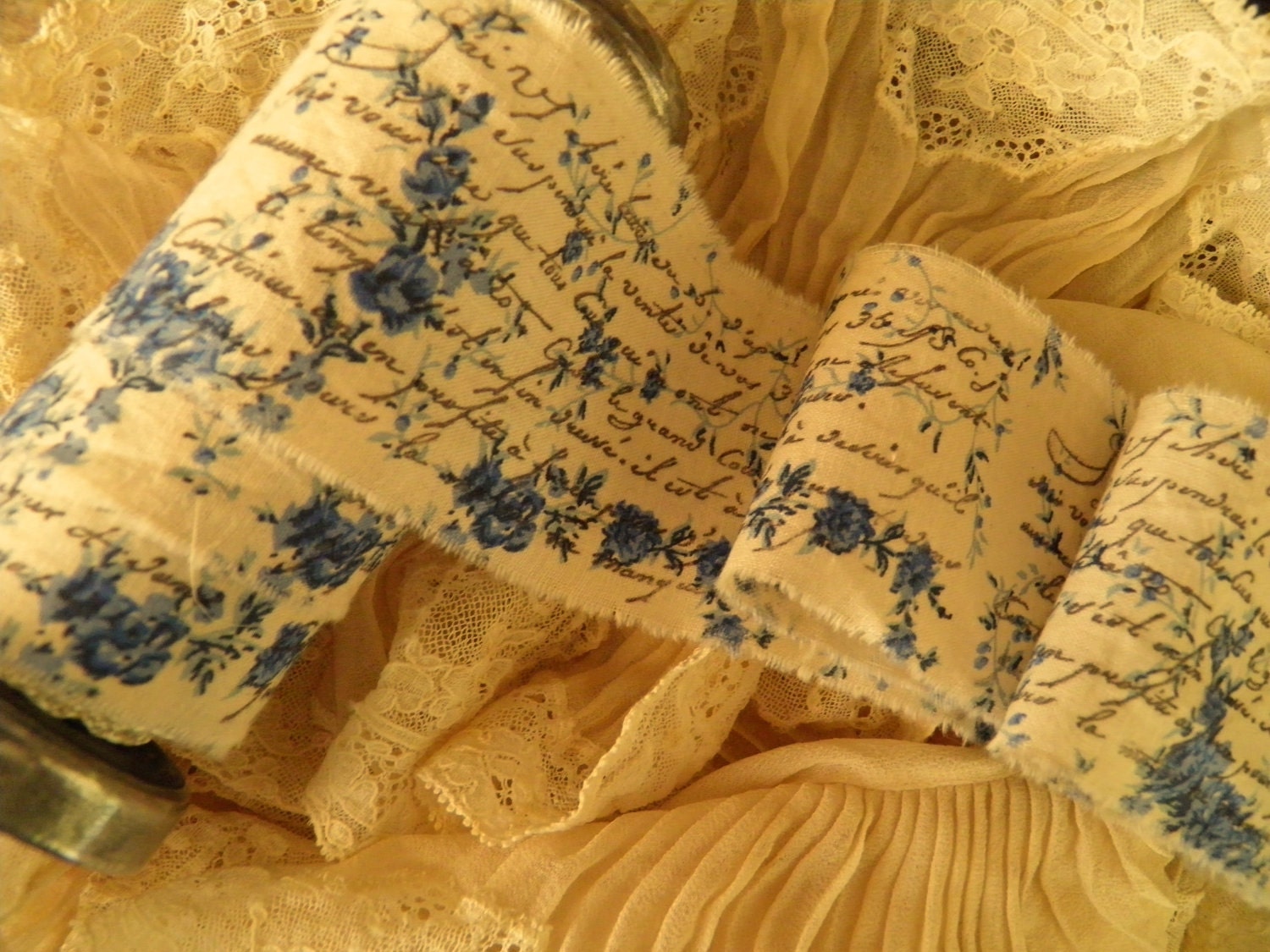 NEW DESIGN - Romantic French Blue Country Roses Fabric Hand Stamped Trim 2 Yards (300)