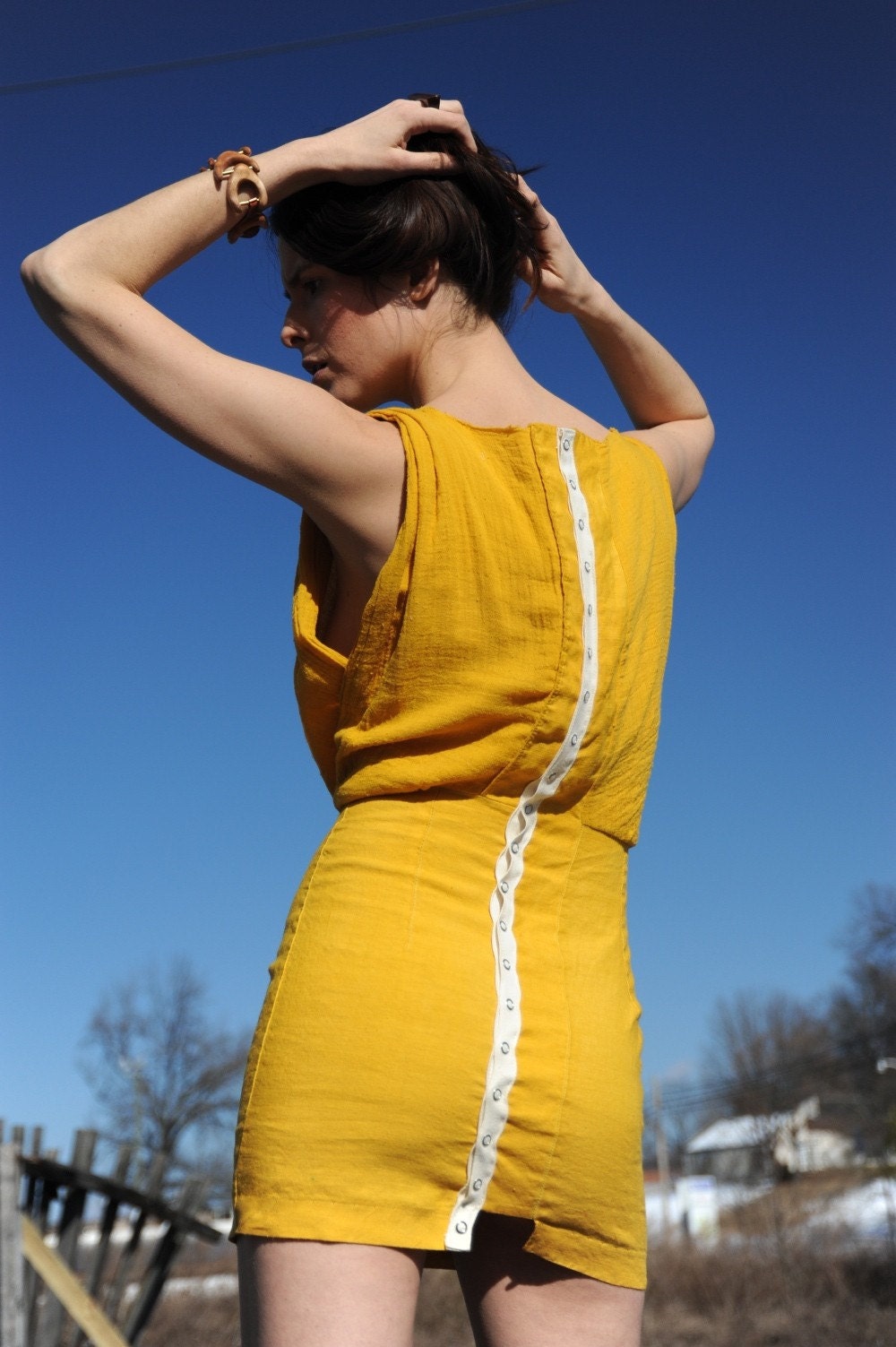 Pretty Birdie's Asymmetrical Mustard Gauze and Hemp Linen Mini Dress