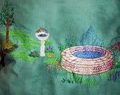 Embroidered  serene decorative garden scene aqua pillow
