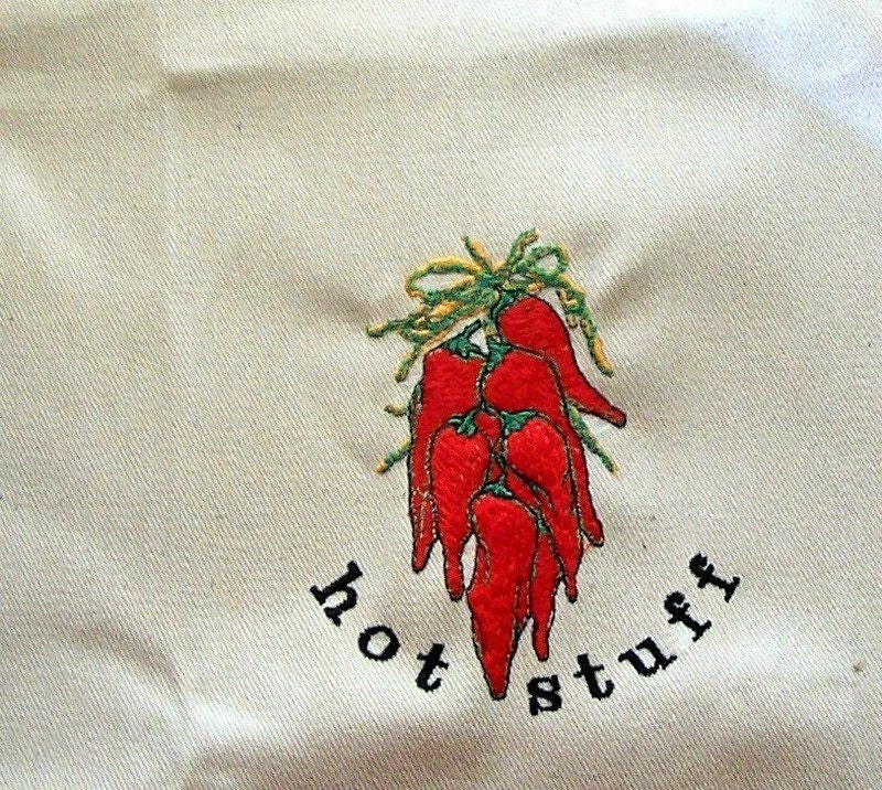 Hot stuff chili pepper full embroidered white apron