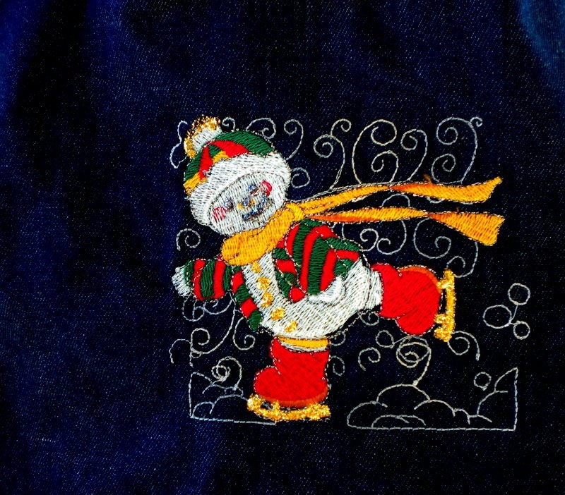 Embroidered whimsical denim snowman tote bag with pockets