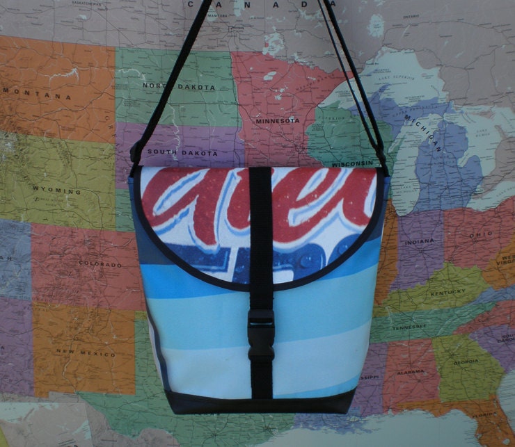 Smaller messenger bag made from a banner advertising Pepsi.