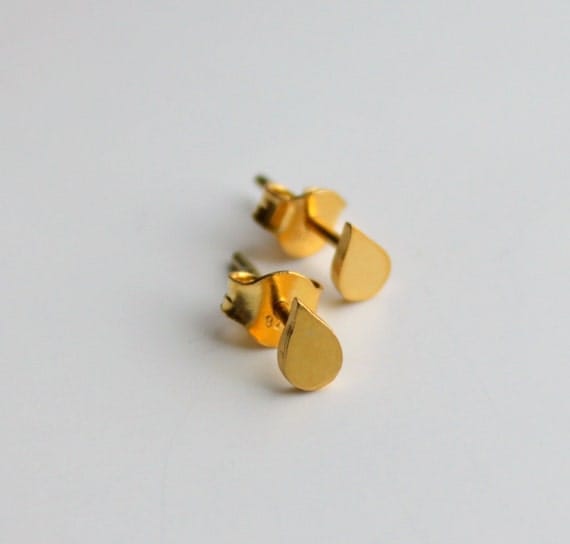 Tiny Dainty Simple Teardrop Stud Earrings Gold Plated Sterling