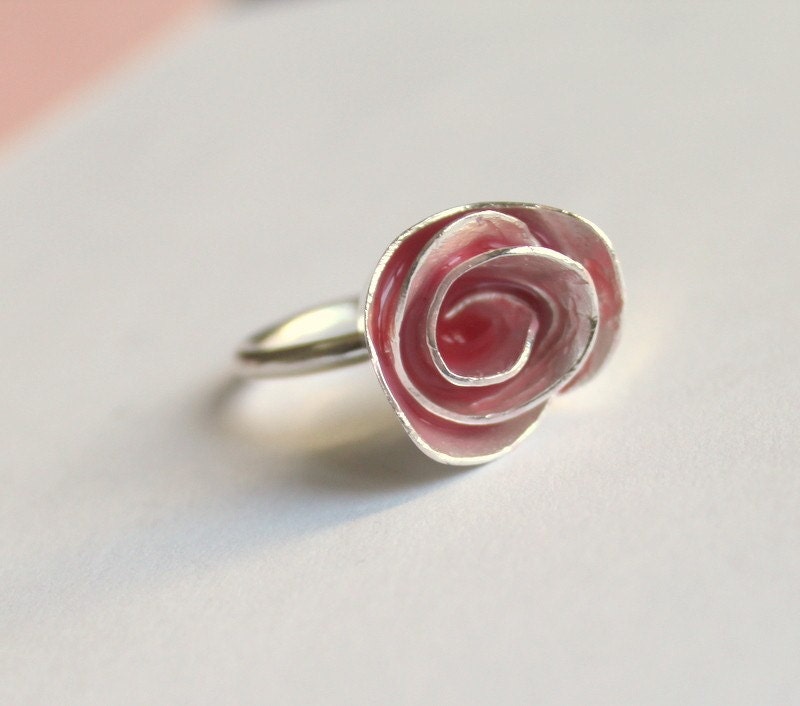 Summer Pink Enamel Metalwork Artisan Unique Designer Rose Ring