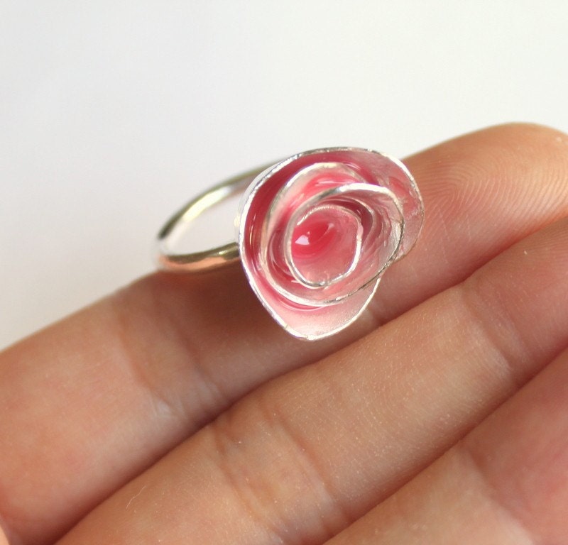Summer Pink Enamel Metalwork Artisan Unique Designer Rose Ring