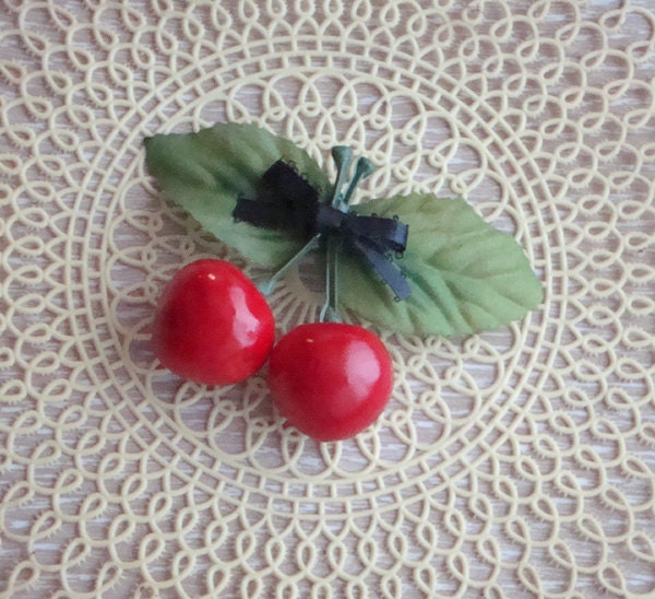 Cherry Hairclip . Retro Rockabilly Pinup Barrette with Juicy Red Cherries & Black Bow