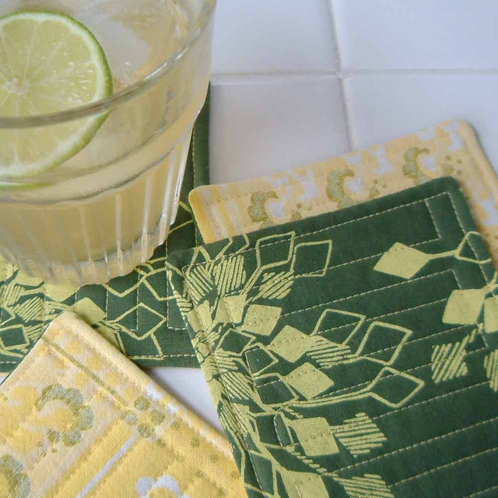 RESERVED FOR SHOTS123-Yellow on Green Mosaic Plant Quilted Coasters