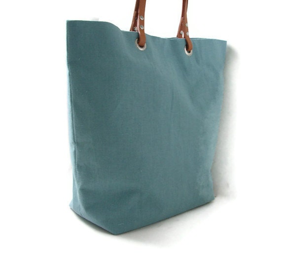 Linen Tote Bag, Beach Bag - Mineral Blue Linen with Tan Leather Handles