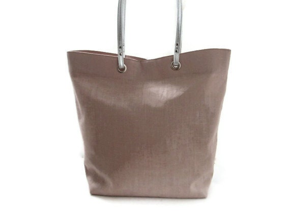 Tote Bag, Beach Bag - Blush Linen with Metallic Silver Leather Handles
