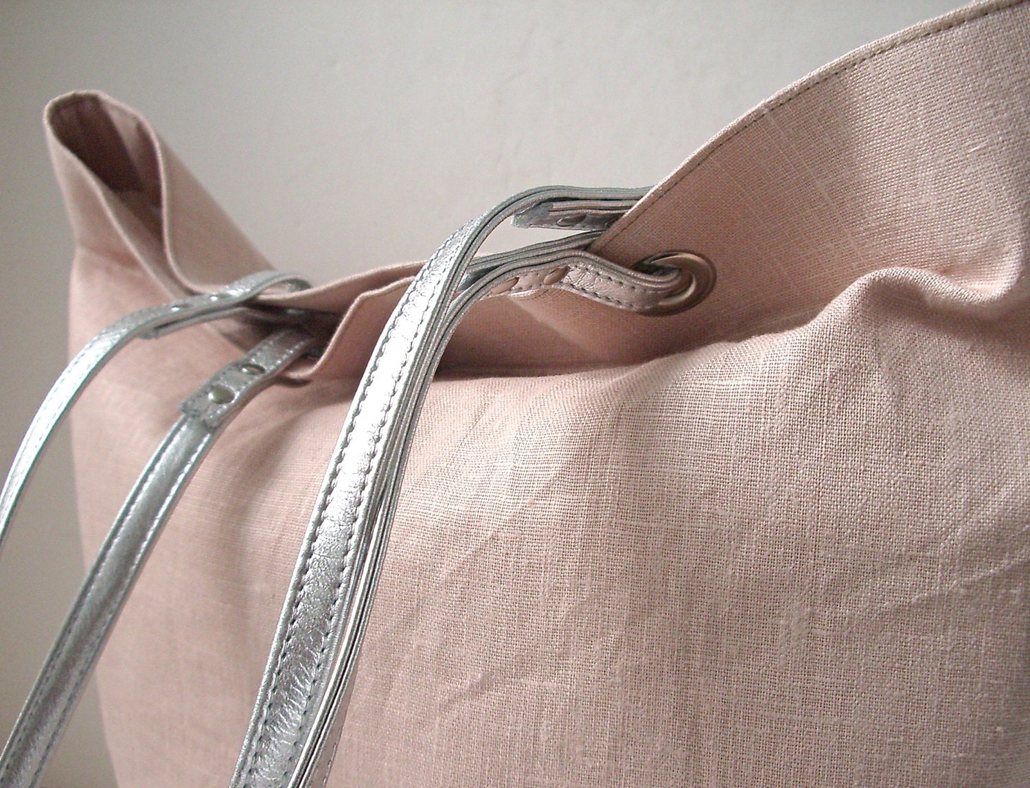 Tote Bag, Beach Bag - Blush Linen with Metallic Silver Leather Handles