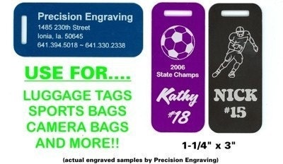 Luggage Tags Duffle Bag Back Pack Camera Bag Golf Bag Engraved on ONE SIDE
