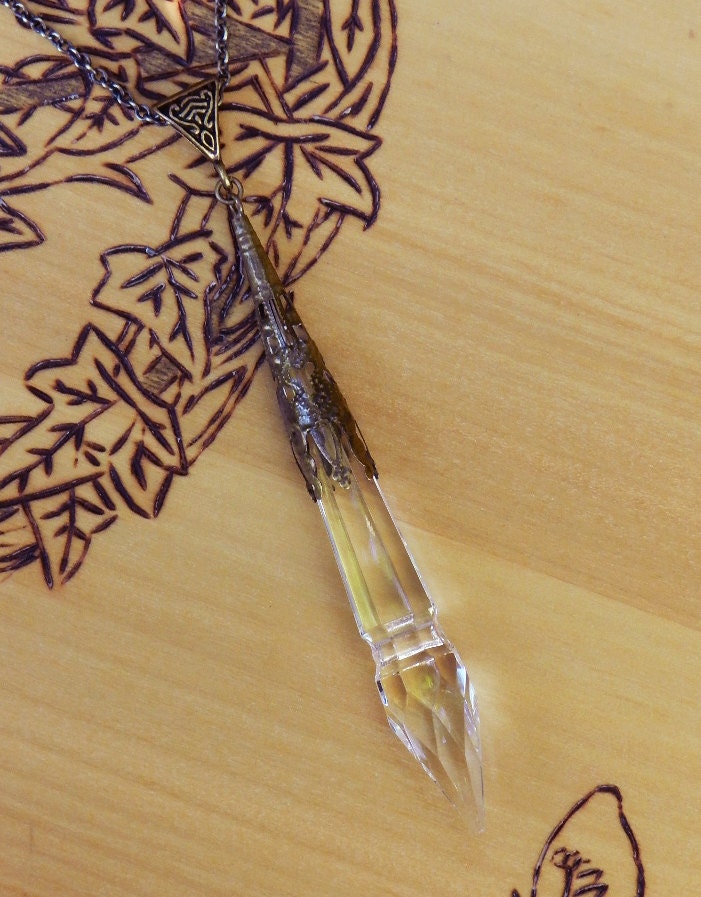Witches Wand . Crystal Power Point Prism Wand . Old World Divination Pendulum Necklace . Bronze Filigree Pendant
