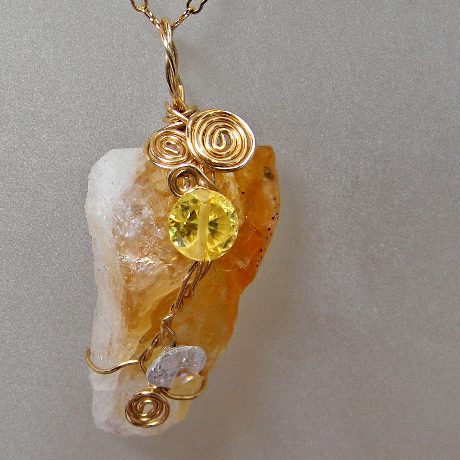 Long Citrine Point And Cubic Zirconia Pendant On Gold Filled Chain - November Birthstone -Gem Stone - Geode - Anniversary