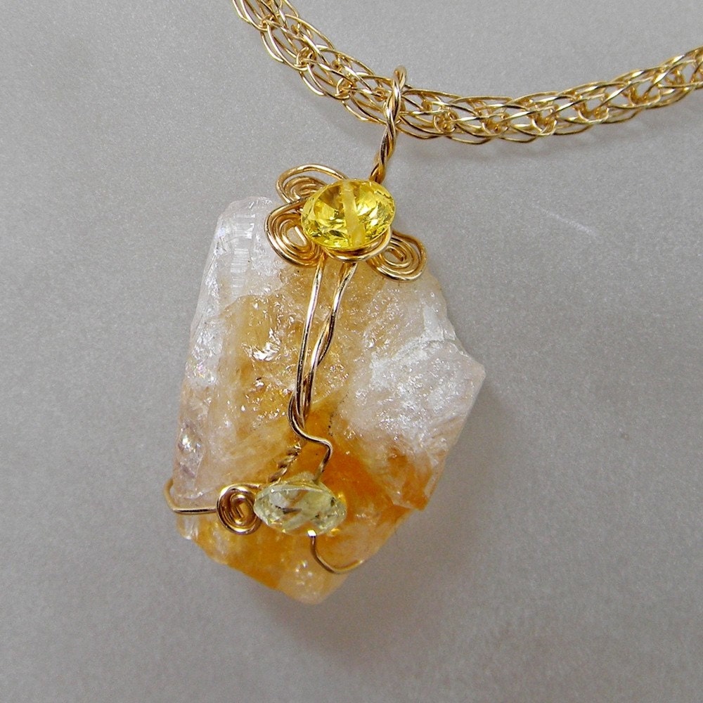 Raw Citrine Druzy Wire Wrapped Pendant On Viking Chain - Hand made - November Birthstone - Anniversary - Gemstone