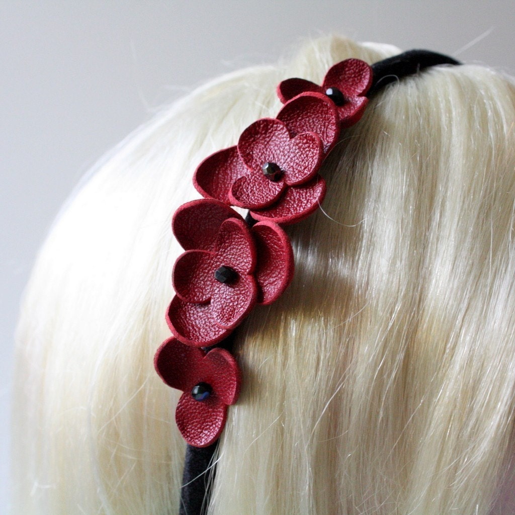 Headband Red Flowers Leather