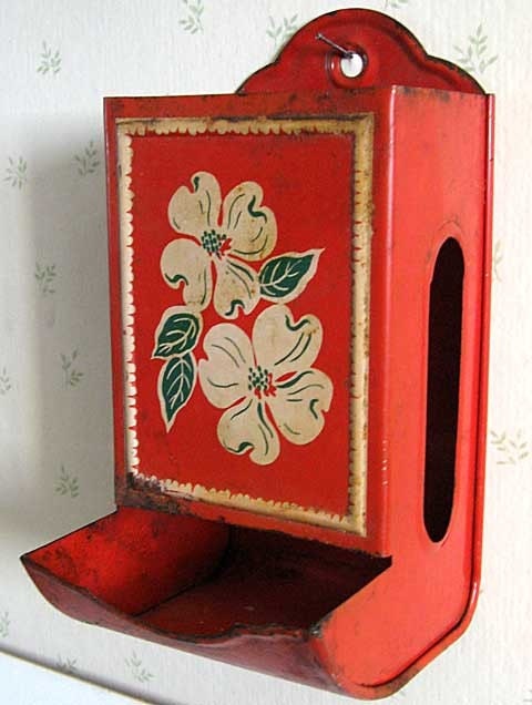 1940's Vintage Tin Kitchen Match Holder in Bright Red with White and Green Flower Front for Your Wall Decor