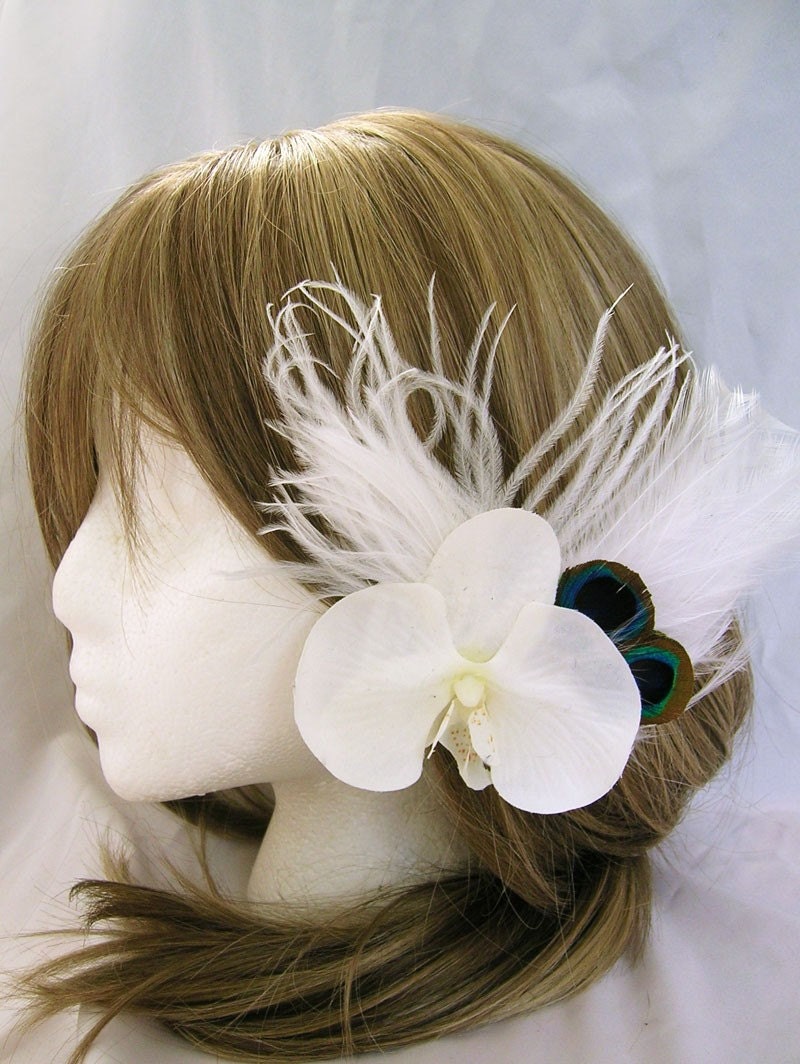 White Orchid wedding fascinator with peacock feathers -  TALLIA Design - Choose headdress headband,  hair clip, elastic headband, or comb