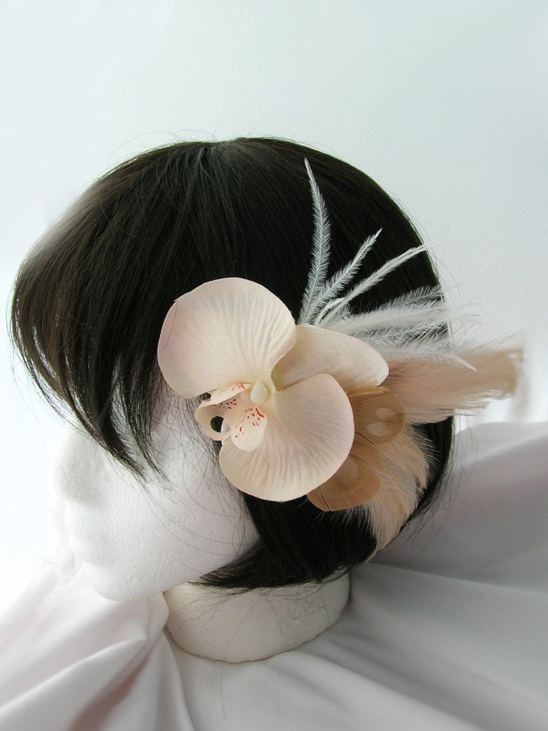 Cream orchid wedding fascinator with purple peacock feathers - TALLIA design - Choose headband, hair clip, or comb
