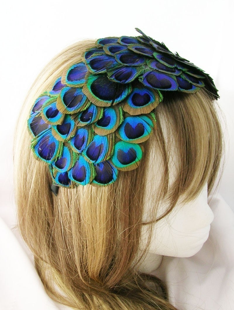 Peacock feather fascinator (Wholesale 3 Piece Lot) REGINA design Bonnet style of over 60 peacock feather eyes from ear to ear