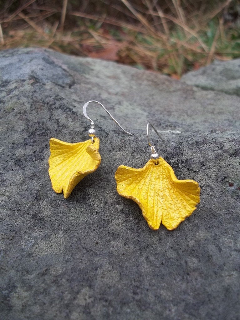 Yellow Leather Ginkgo Leaf Earrings