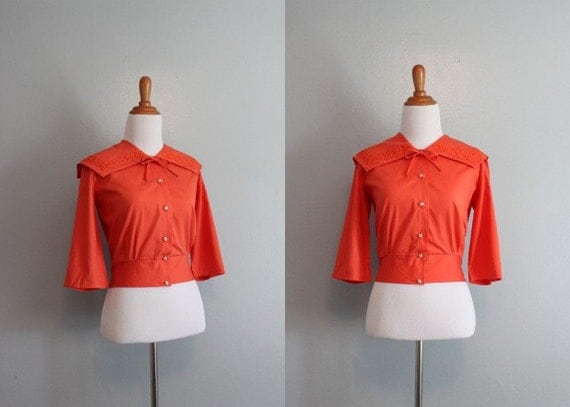 50s Sailor Blouse/ Vintage 1950s Blouse / Nautical Top / 50s Bow Blouse