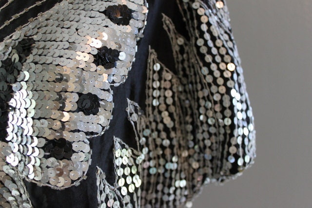 Sequin Butterfly Top / Vintage 70s Silk Sequined Top / Sequined Butterfly