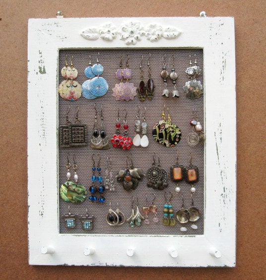 JEWELRY DISPLAY RACK Organizer Cream Shabby Chic / 25 - 40 Earrings / 20 - 30 Necklaces