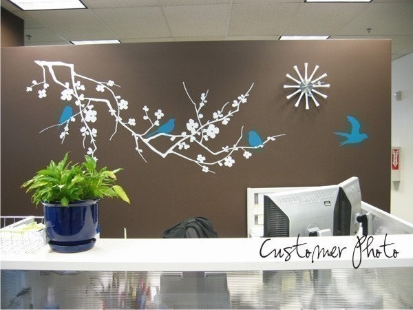 Wall Decals Cherry Blossom Branch with Birds (Large) - Vinyl Wall Stickers Art Graphics