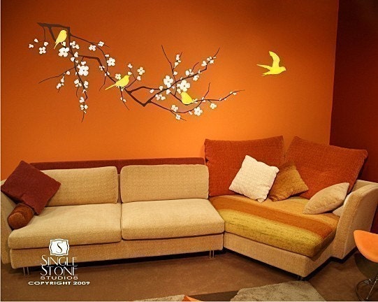 Cherry Blossom Wall Decals Branch with Birds (3 Colors) - Vinyl Tree Wall Art