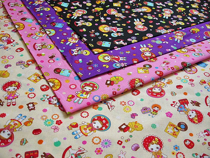 Half Yard Japanese Cotton Fabric Hanachan Bunka Doll Retro Style