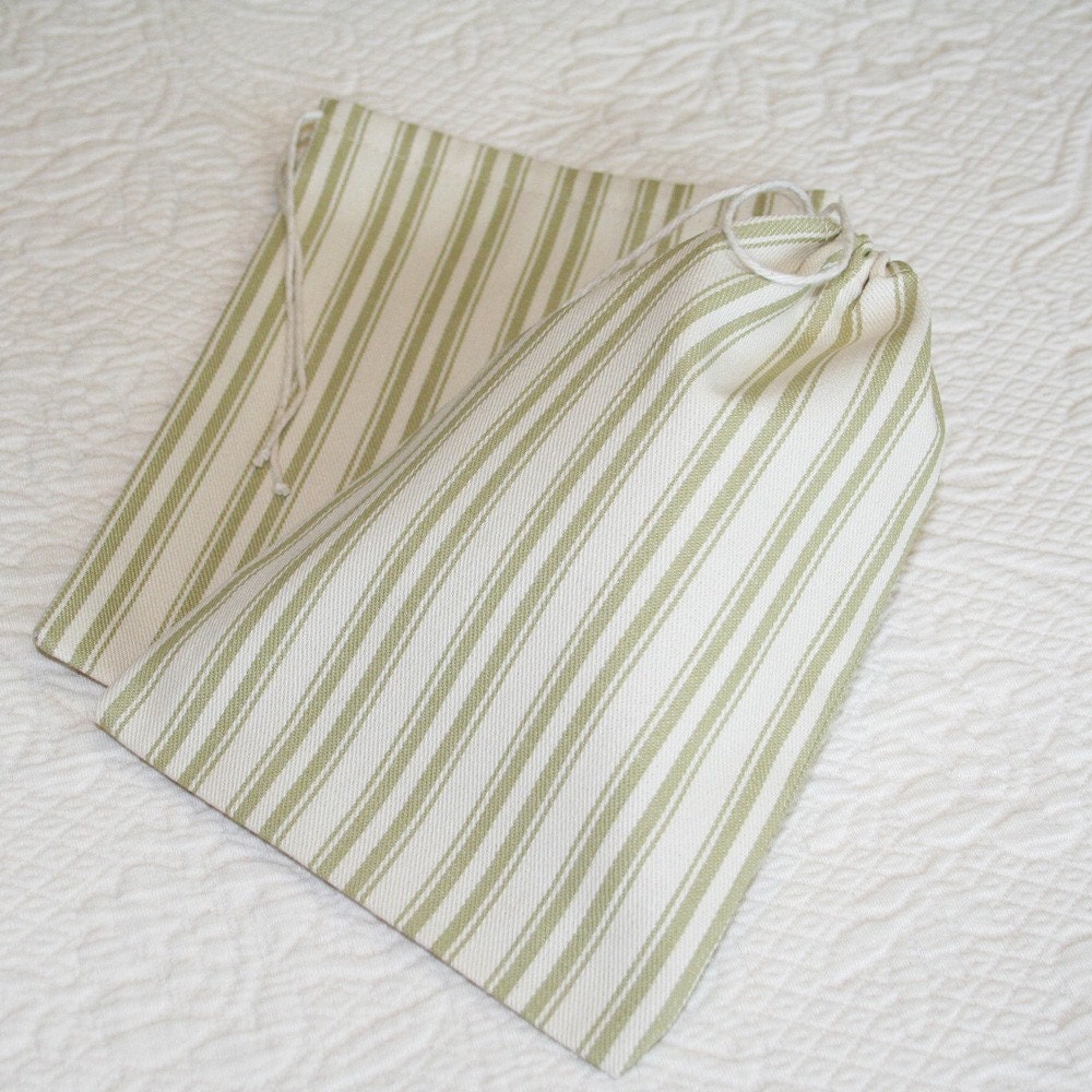 Green Tea Ticking Stripe, Drawstring Bags, Pouches, set of 8, 5.75 x 8.5 inches