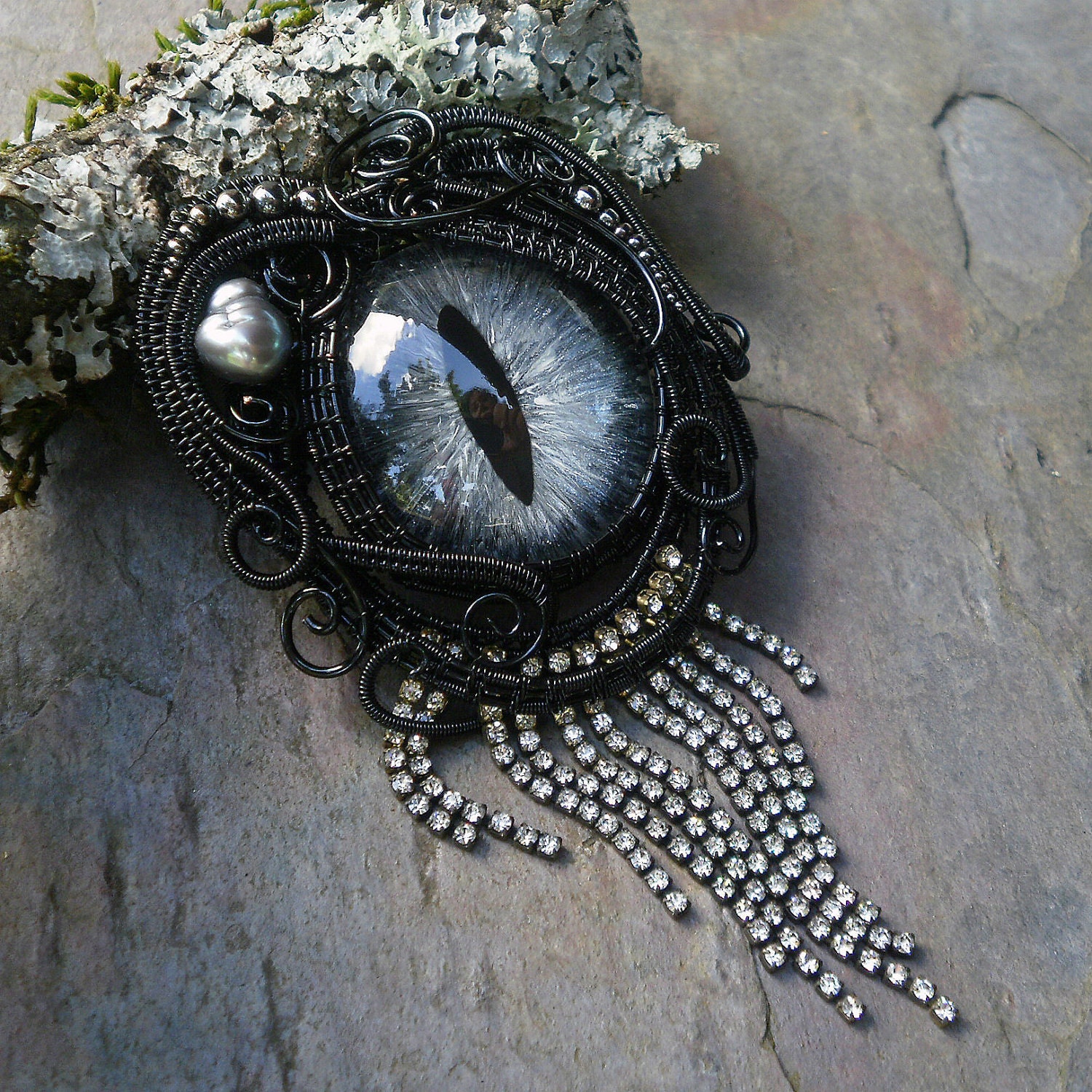 Gothic Steampunk Black Evil Eye Pin Pendant in Black and Silver