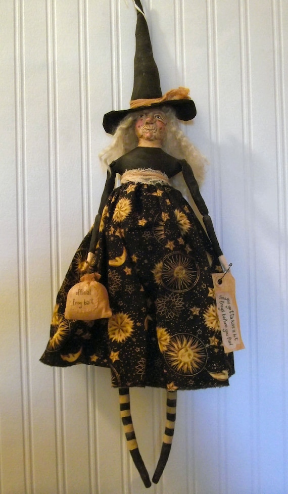 Primitive Folk Art Halloween Frog Witch Doll OOAK by Edna Bridges
