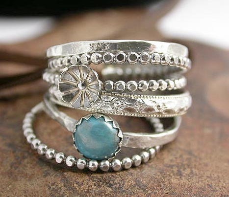 Sterling Silver Stacking Rings with Flower Bud and Turquoise Cabochon