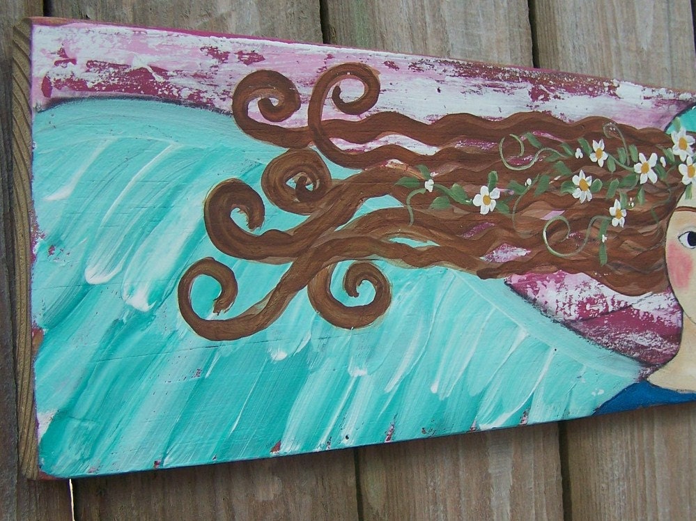 Folk Art Angel Original Painting 24" x 5 1/2" on Salvaged Wood