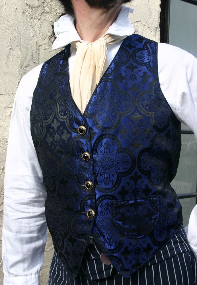 Black and Royal Blue Medieval Pattern Silk Brocade Gentlemen's Vest