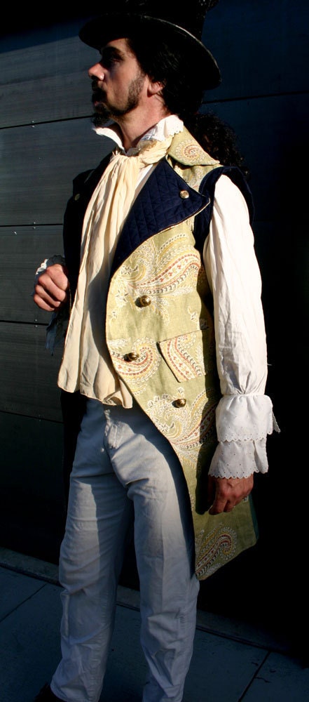 French Linen Sage and Navy Paisley Steampunk Pirate Waistcoat